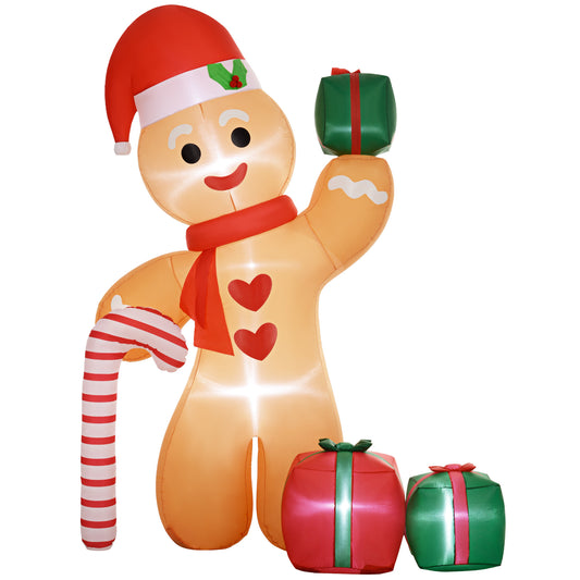 Outsunny 8FT Inflatable Gingerbread Man with Candy Cane and Three Gift Bags, Christmas Blow Up Outdoor LED Display for Garden Party