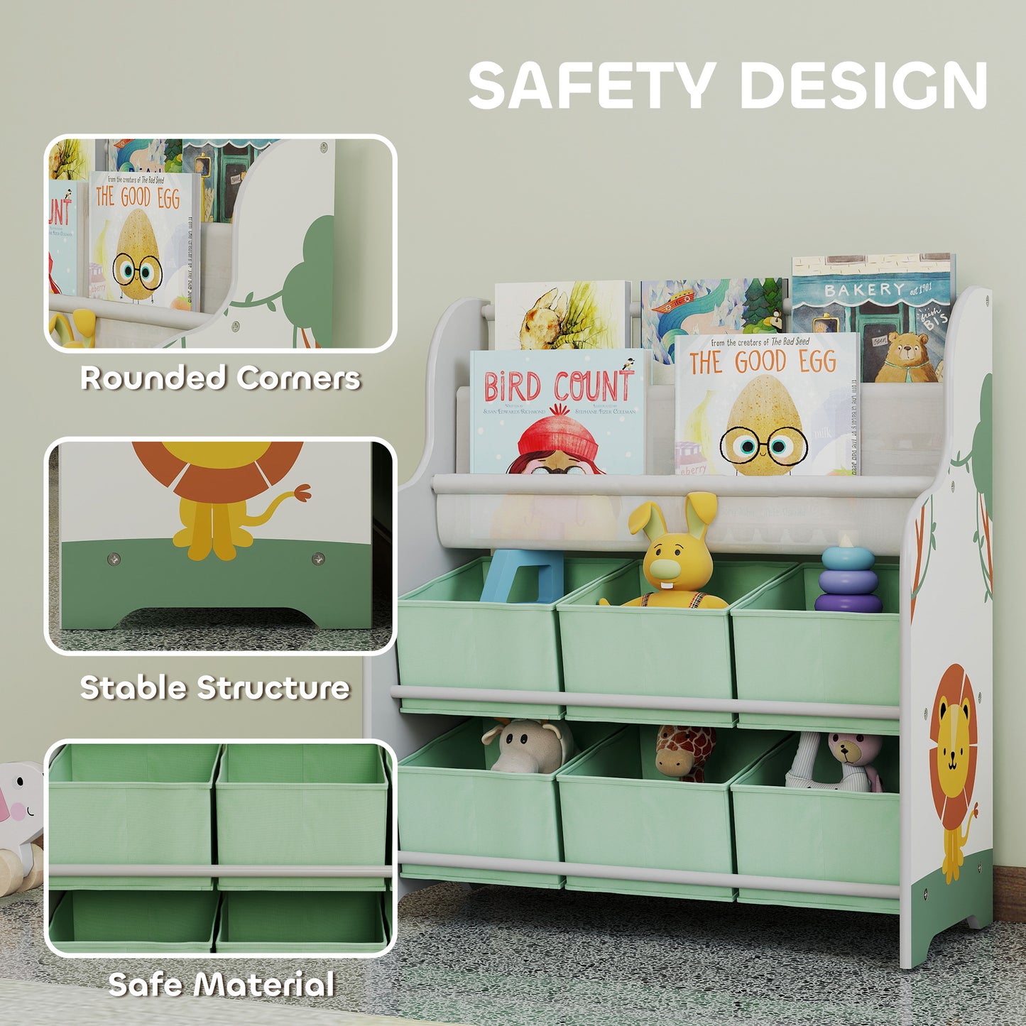 Kids Storage Unit with 6 Fabric Drawers & 2-Tier Sling Book Rack – Star Pattern, Rounded Corners, EN71 Tested, For Bedroom, Playroom & Nursery – Green