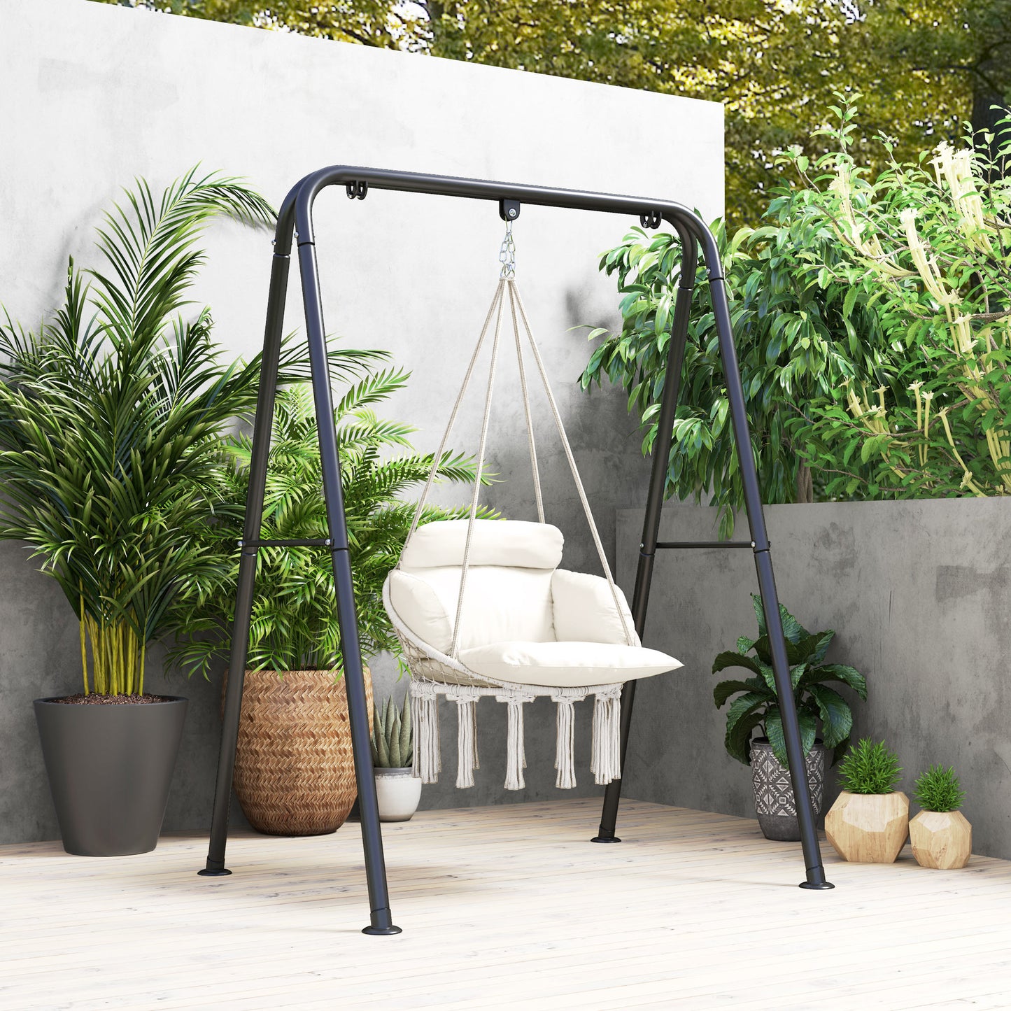 Hanging Chair Indoor Outdoor Hammock Chair with Soft Cushion, Cotton Rope Boho Style Swing Chair, Hanging Garden Swing Seat Cream White