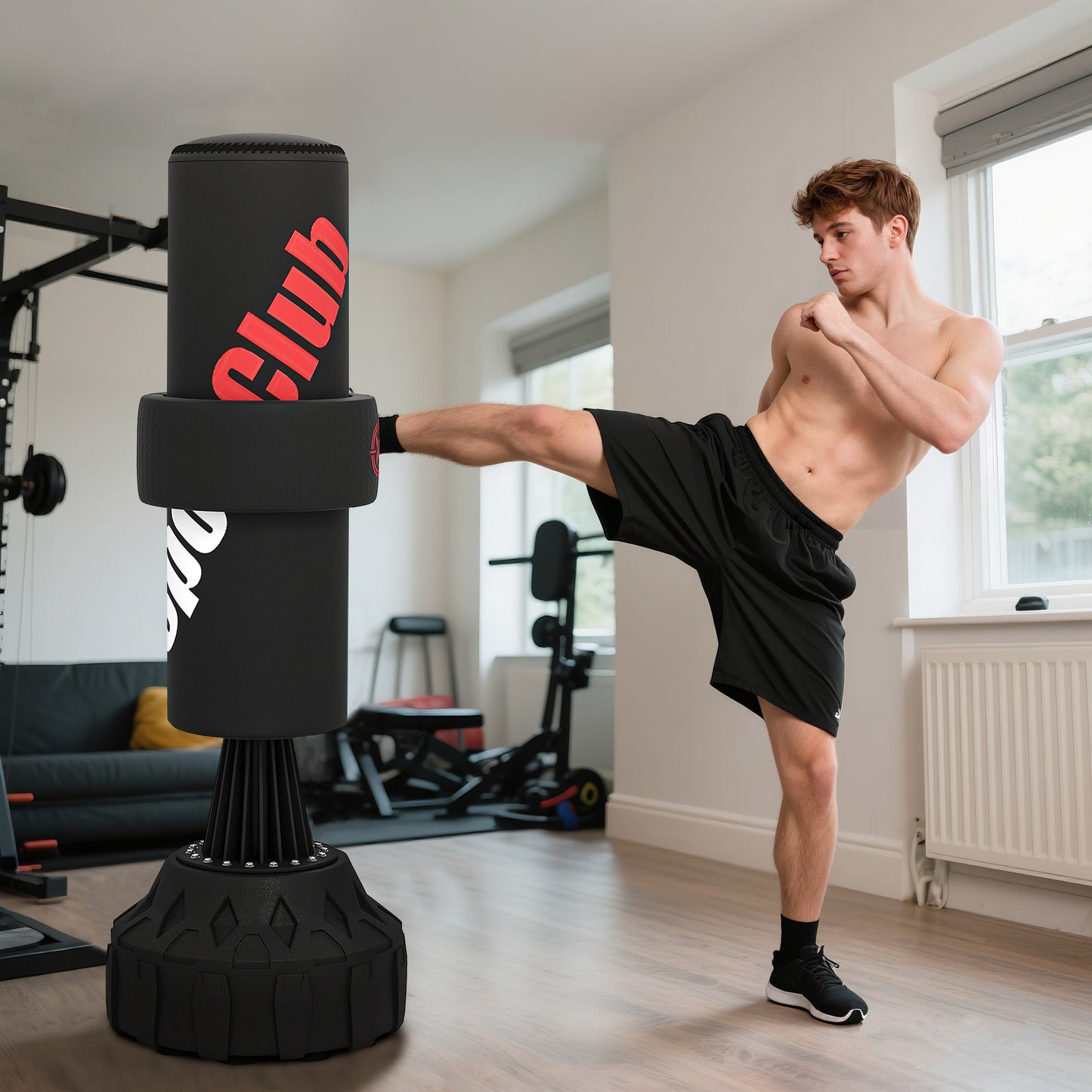 Freestanding Punching Bag with Adjustable Strike Pad | Fillable Base | Height 65–175cm | Boxing Wraps Included | Black