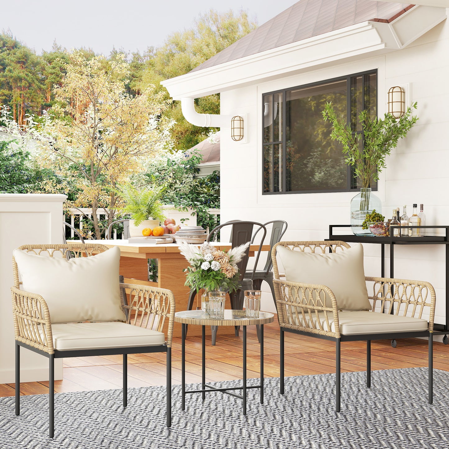 3 Piece Rattan Bistro Set, Wicker Garden Furniture Set with Cushions, Glass Top Coffee Table and Chairs for Outdoor, Patio, Balcony, Beige