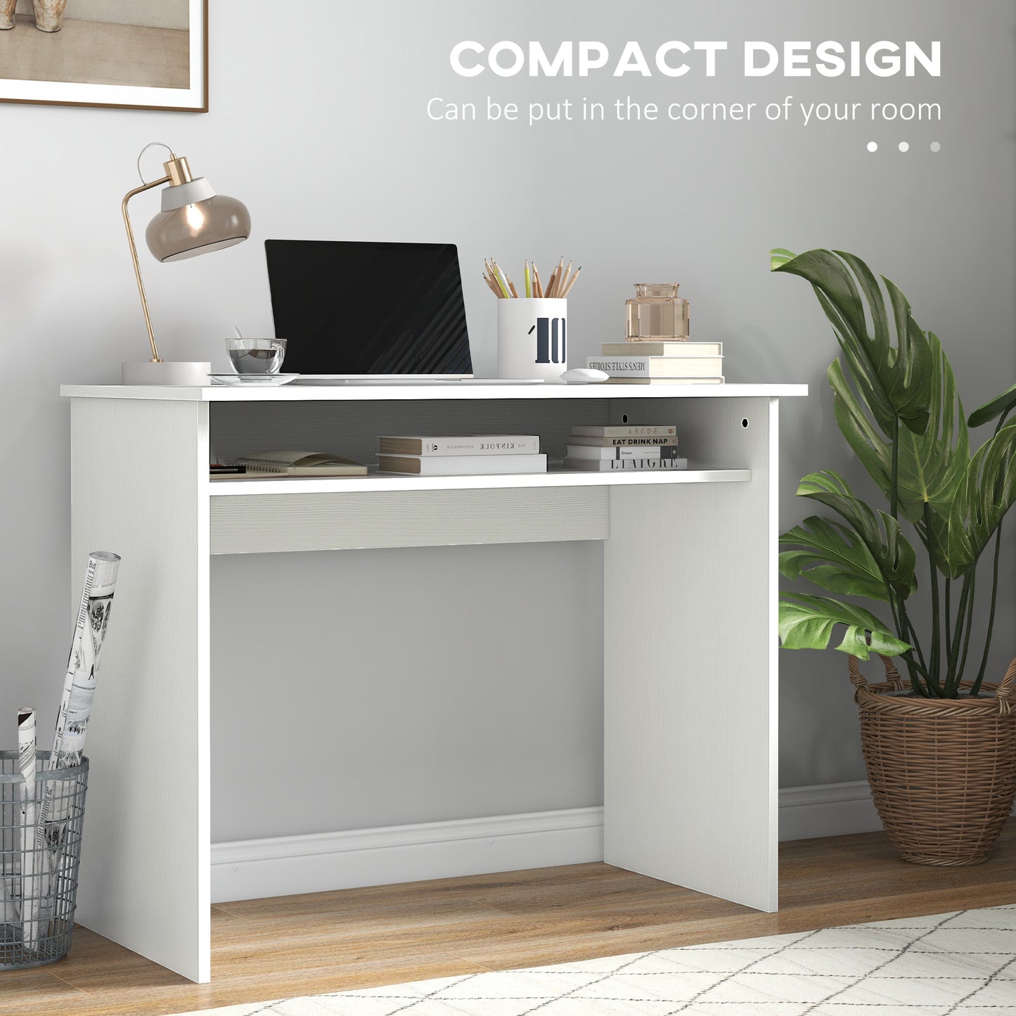 Home Office Desk & Ergonomic Mesh Chair Set | Flip-Up Arms | Storage Shelf | White & Grey