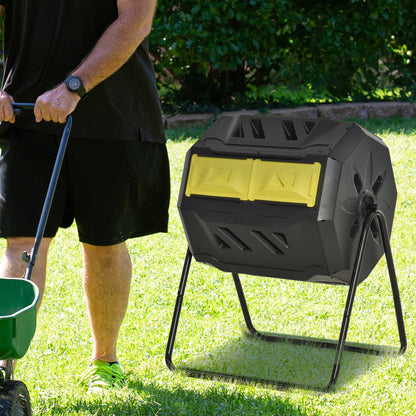160L Tumbling Compost Bin Outdoor Dual Chamber 360° Rotating Composter, Garden Compost Bin w/ Sliding Doors & Solid Steel Frame, Yellow