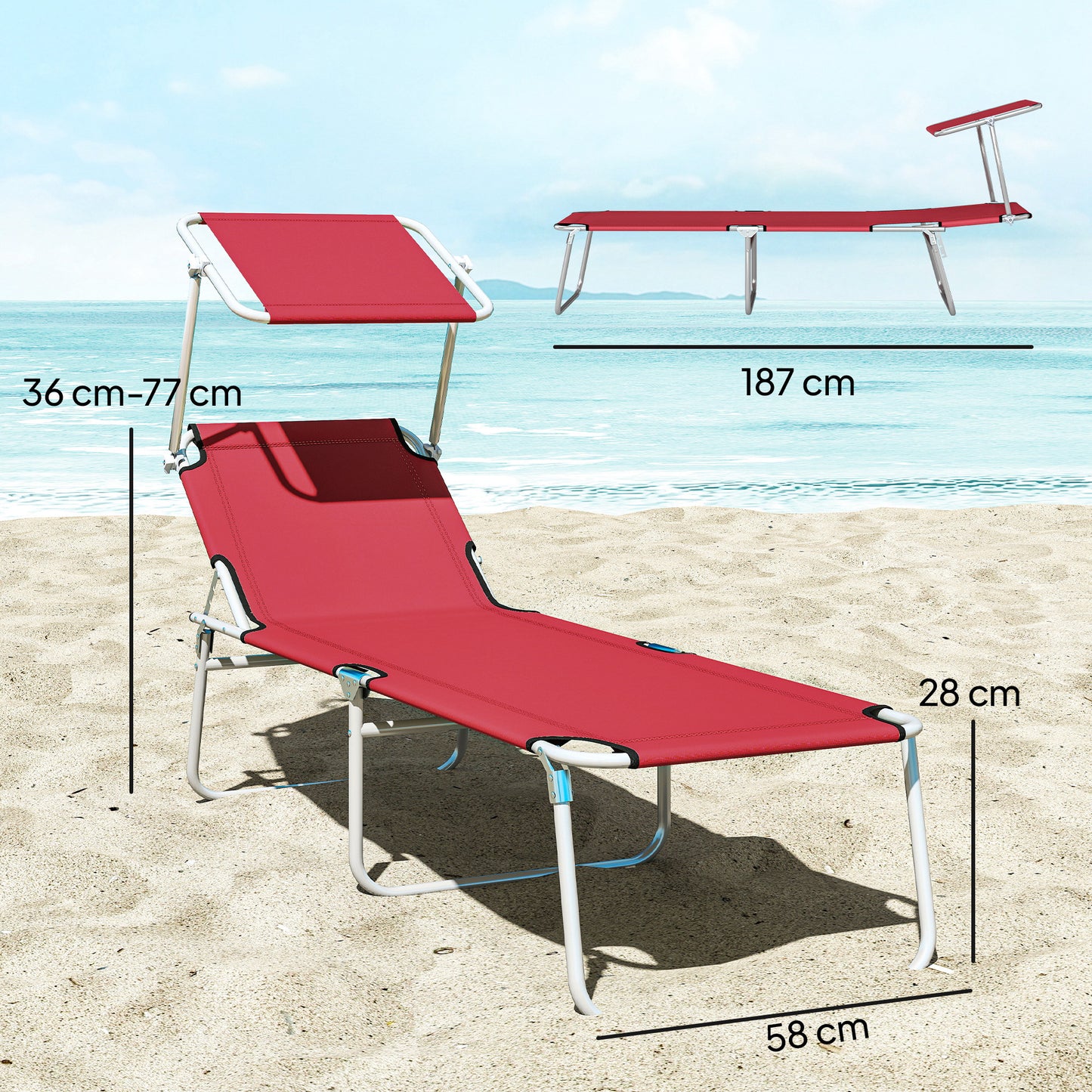 Set of 2 Folding Sun Loungers | 4 Position Adjustable Back | Oxford Fabric | Powder Coated Steel | Portable | 120kg | Red