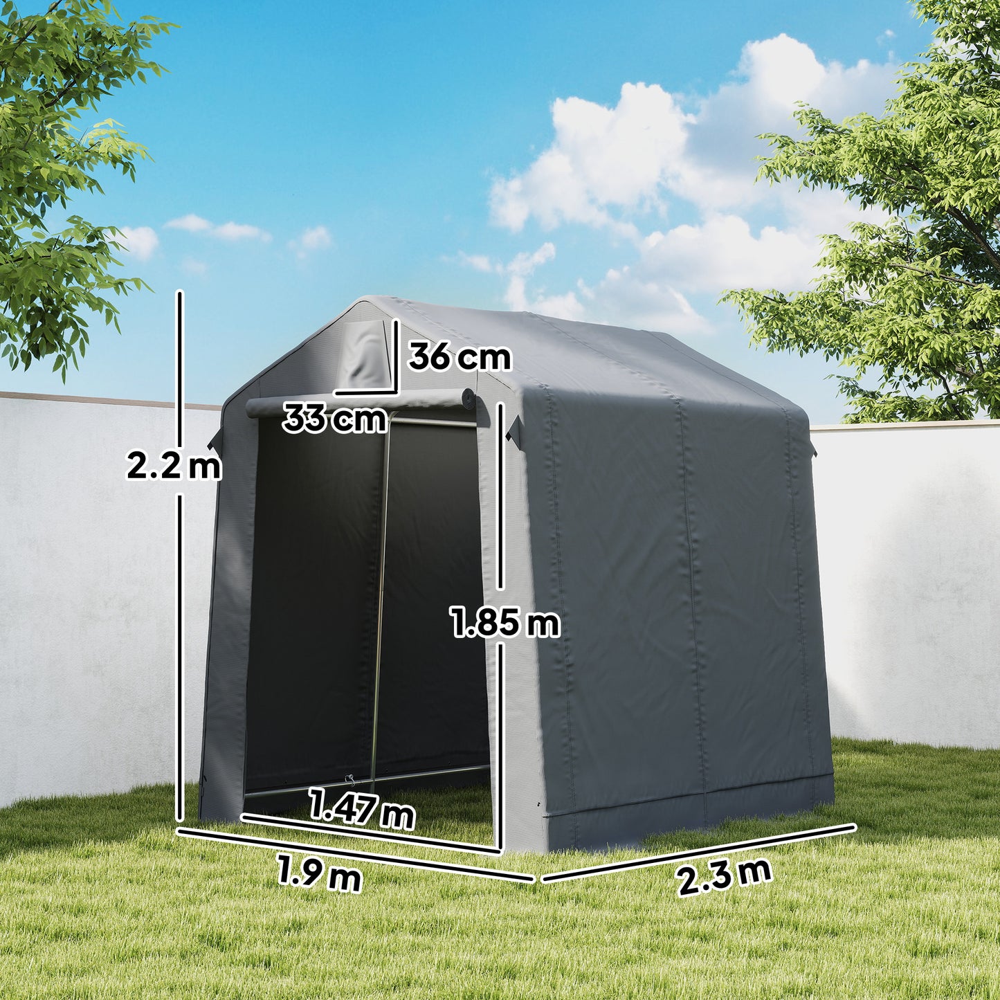 Waterproof UV30+ Polyester Bike Storage Tent | Galvanised Steel Frame | Roll-Up Double-Zip Door | Back Vent | Buckle Straps | Ground Stakes & Guy Ropes | 190x230x220cm | Dark Grey