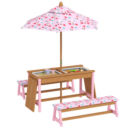 AIYAPLAY Kids Picnic Table Set with Removable & Foldable Umbrella, Cushions, Storage Boxes, Flamingo Theme, Pink