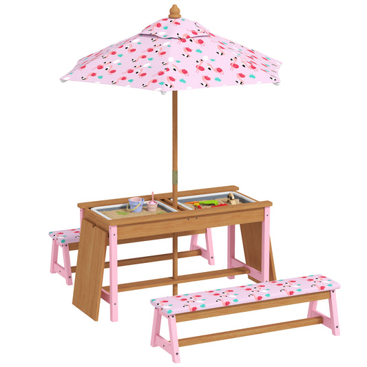 AIYAPLAY Kids Picnic Table Set with Removable & Foldable Umbrella, Cushions, Storage Boxes, Flamingo Theme, Pink