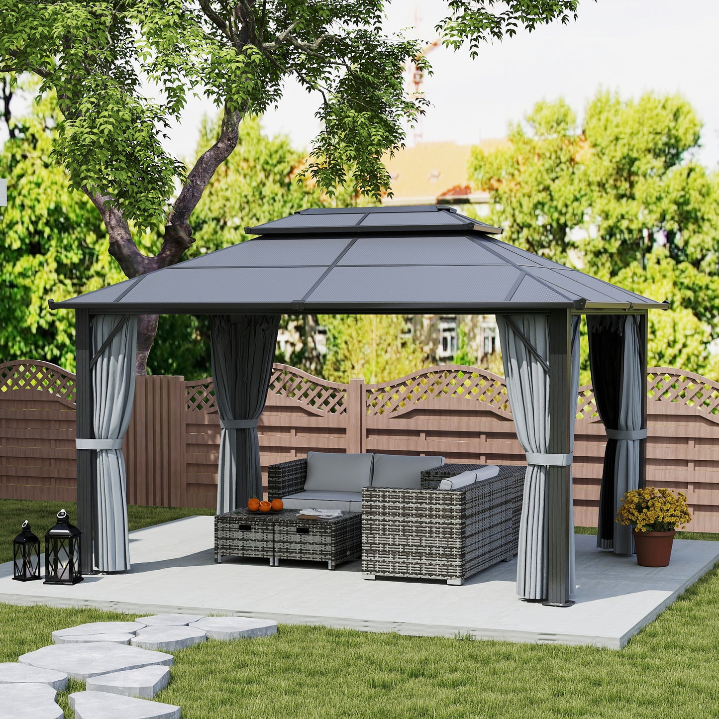3 x 4m Hardtop Gazebo Canopy with UPF30+ Double Polycarbonate Roof, Aluminium Frame Garden Gazebo Permanent Pavilion, Grey