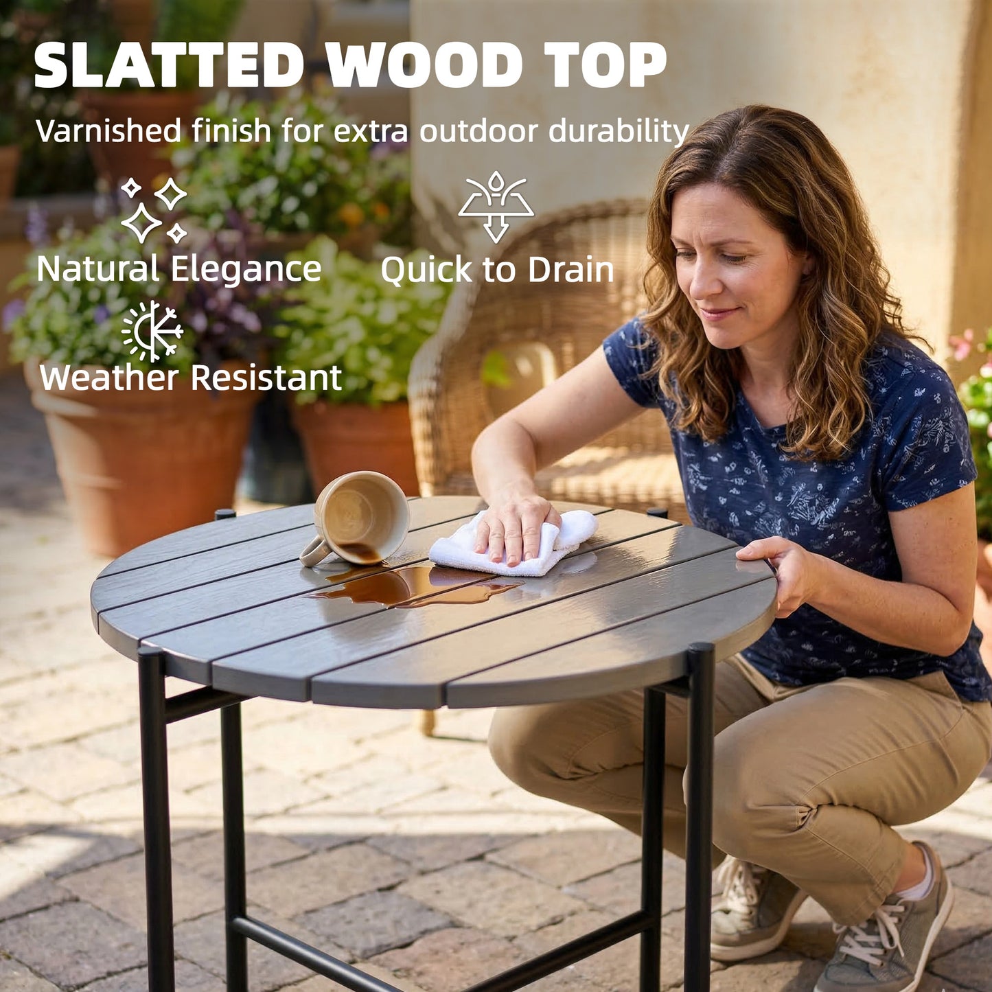 Industrial Garden Side Table | Slatted Fir Wood Top | Metal Frame | 54x54x45.5cm | 25kg | Dark Grey