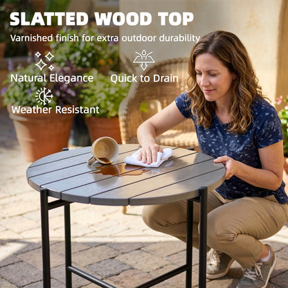 Industrial Garden Side Table | Slatted Fir Wood Top | Metal Frame | 54x54x45.5cm | 25kg | Dark Grey