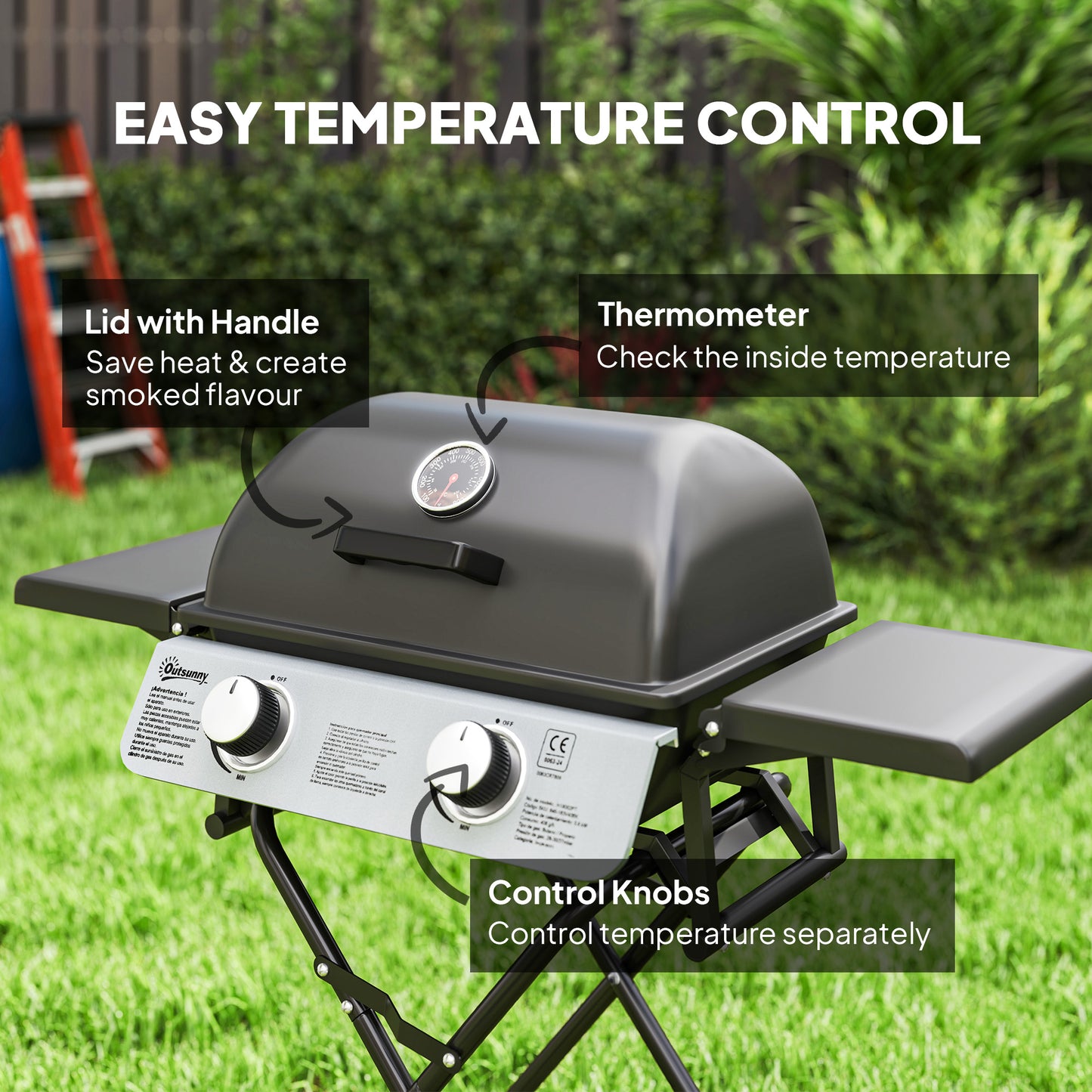 Foldable Gas BBQ with Side Tables, 2 Burner Portable Gas Barbecue Grill with Thermometer Lid Grease Tray Wheels, Folding Trolley for Garden Party