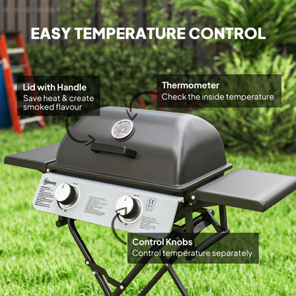 Foldable Gas BBQ with Side Tables, 2 Burner Portable Gas Barbecue Grill with Thermometer Lid Grease Tray Wheels, Folding Trolley for Garden Party