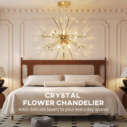 Crystal Flower Chandelier | Gold Tone Ceiling Light with 8 G9 Bulb Holders & Adjustable Suspension | Clear