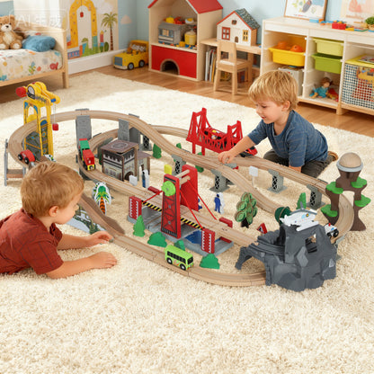 AIYAPLAY 100 Piece Wooden Train Set for Kids 3+ Years with Track, Crane, Battery Operated Train