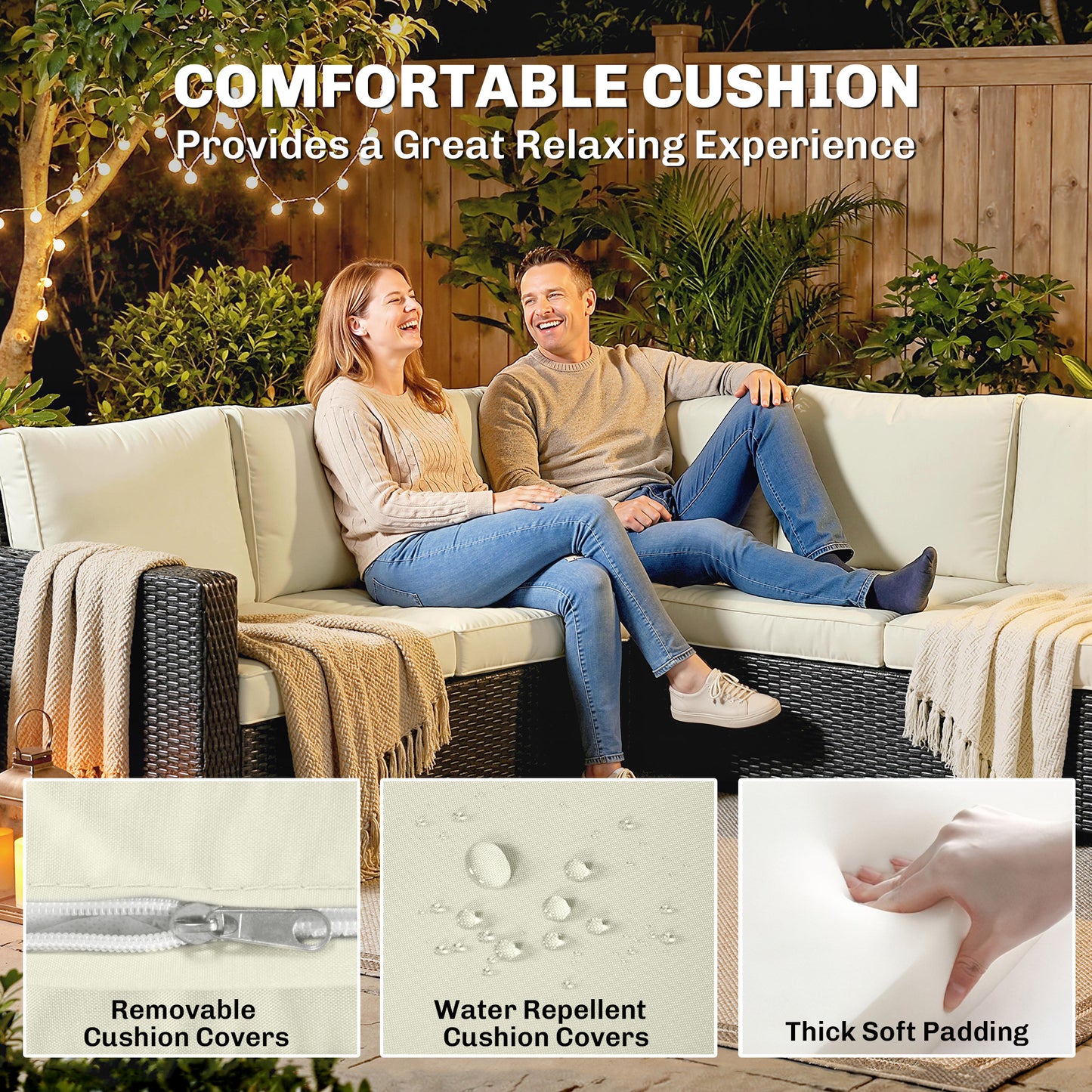 7 Piece Rattan Garden Sofa Set with 50,000 BTU Gas Fire Pit Table | 2 Corner Loveseats | Loveseat | 3 Footstools | Glass Wind Guard | Padded Cushions | Washable Covers | Cream