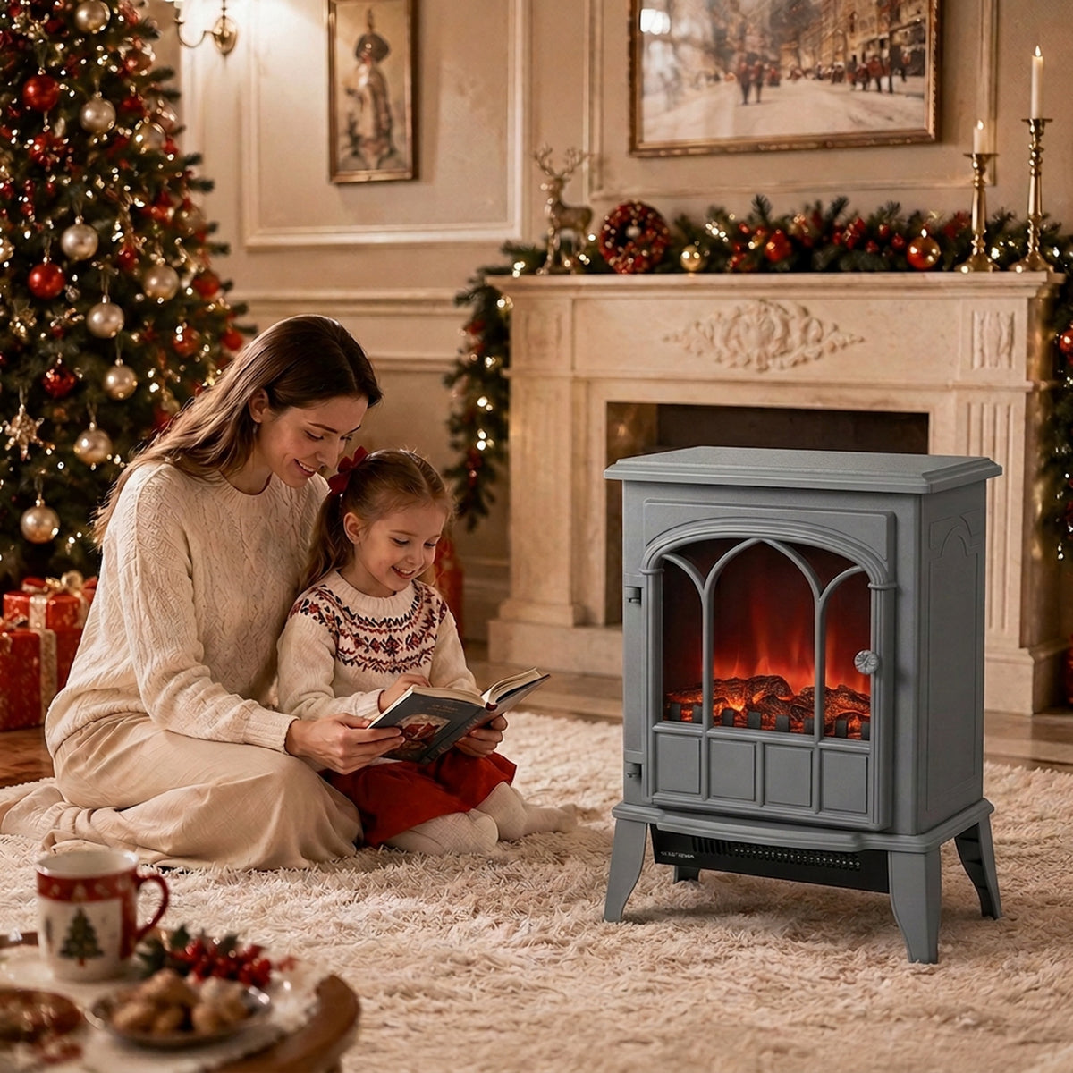 Freestanding Electric Fireplace Log Burner | 1000W/2000W Dual Heat | Stepless LED Flame Effect | Stepless Thermostat | Forced-Air Fan | Thermal Cut-Off | ERP Compliant | 39x23x56.5cm | Grey