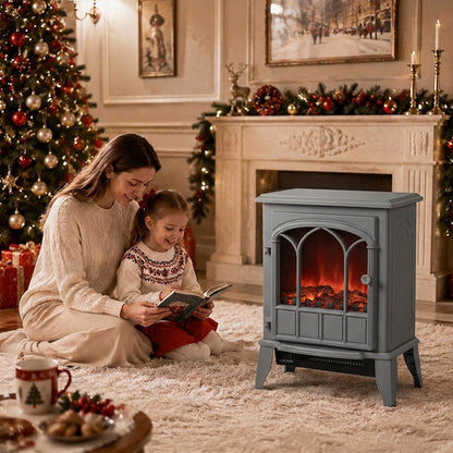 Freestanding Electric Fireplace Log Burner | 1000W/2000W Dual Heat | Stepless LED Flame Effect | Stepless Thermostat | Forced-Air Fan | Thermal Cut-Off | ERP Compliant | 39x23x56.5cm | Grey