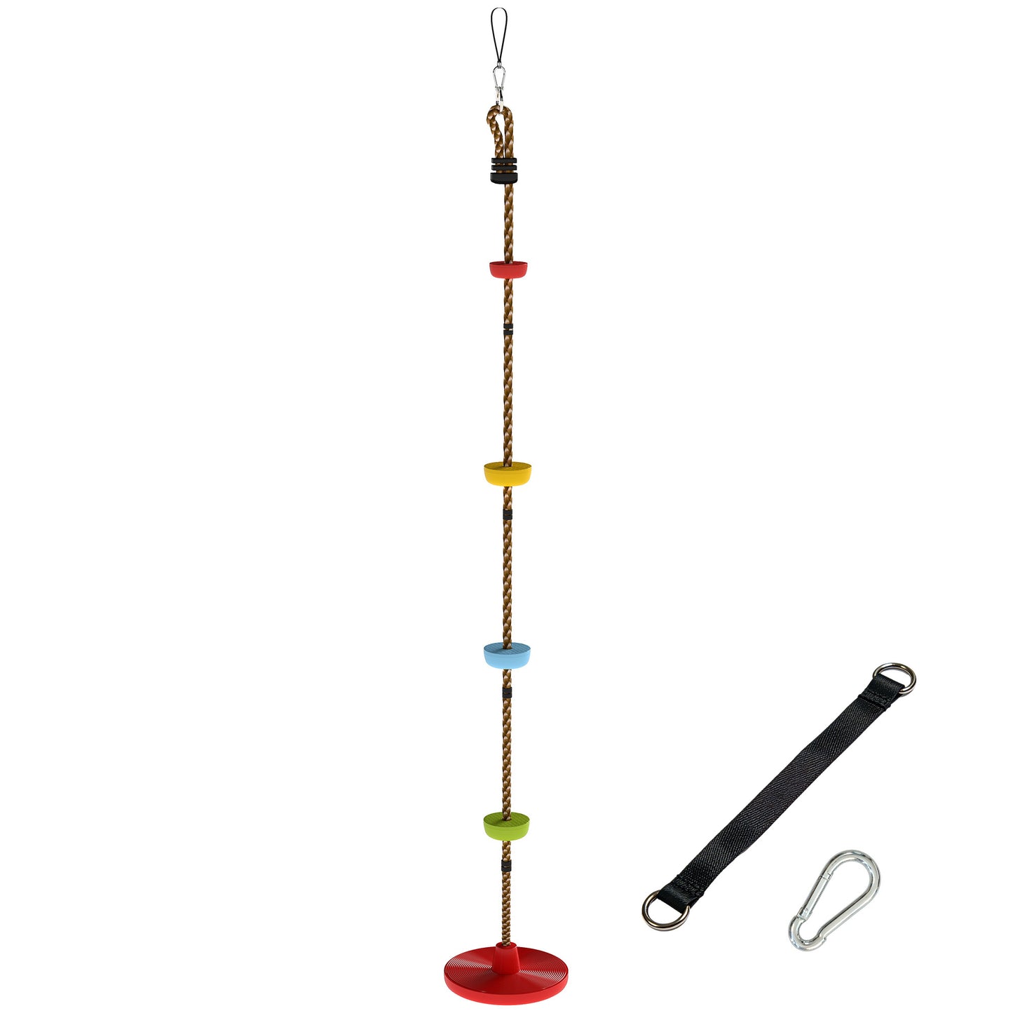 Kids Tree Climbing Rope & Disc Swing Kit – 190cm Rope, 4 Footrests, Disc Swing, Tree Strap & Carabiner, 50kg, EN71 Tested, Ages 3–8 – Red