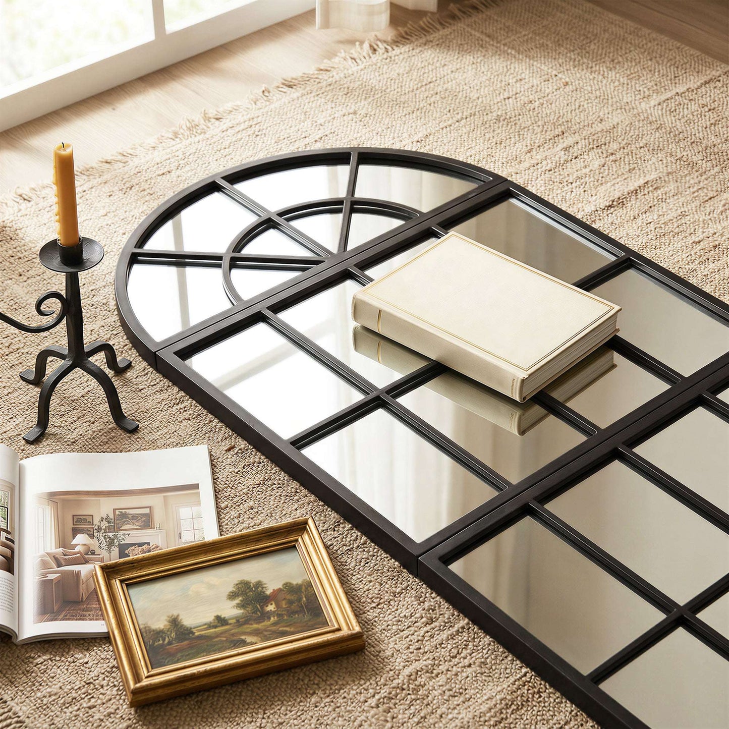Arched Wall Mirror | 3-Piece Split Windowpane | 54x120cm | Black Metal Frame | Tempered Glass | 2cm Slim | Adjustable Spacing