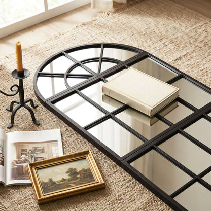 Arched Wall Mirror | 3-Piece Split Windowpane | 54x120cm | Black Metal Frame | Tempered Glass | 2cm Slim | Adjustable Spacing