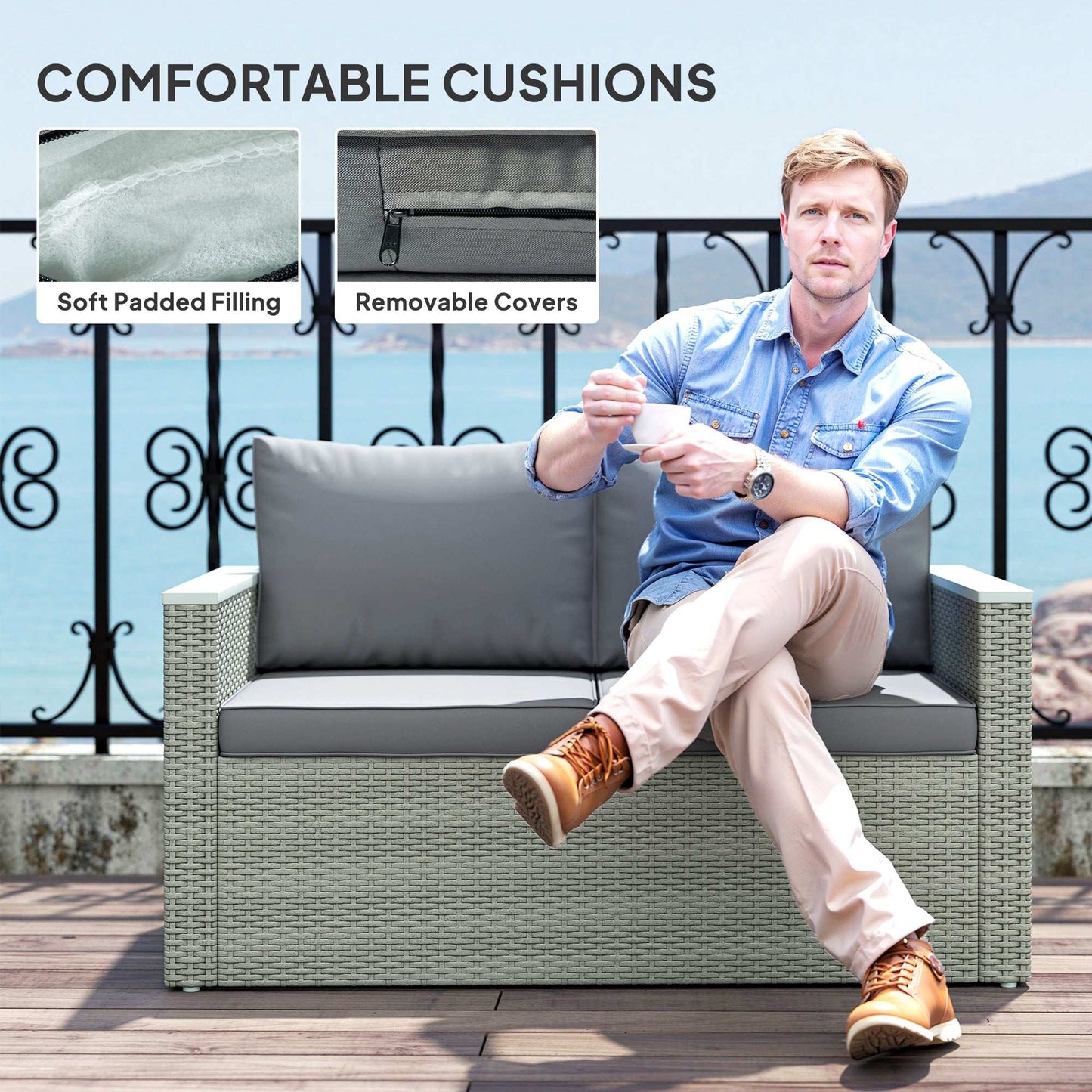 4 Piece Rattan Garden Furniture Set, 4 Seater Wicker Outdoor Sofa Set with 2 Armchairs, Loveseat, Acacia Wood Top Coffee Table - Grey