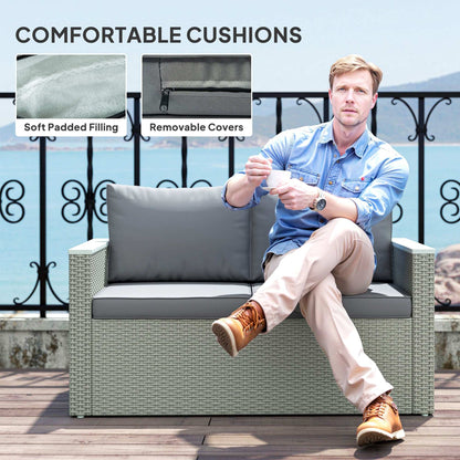 4 Piece Rattan Garden Furniture Set, 4 Seater Wicker Outdoor Sofa Set with 2 Armchairs, Loveseat, Acacia Wood Top Coffee Table - Grey