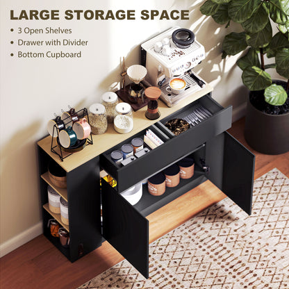 Sideboard & Storage Cabinet | Divided Drawer | 3 Open Shelves | Adjustable Cabinet Shelf | Anti-Tip | 60kg | Black