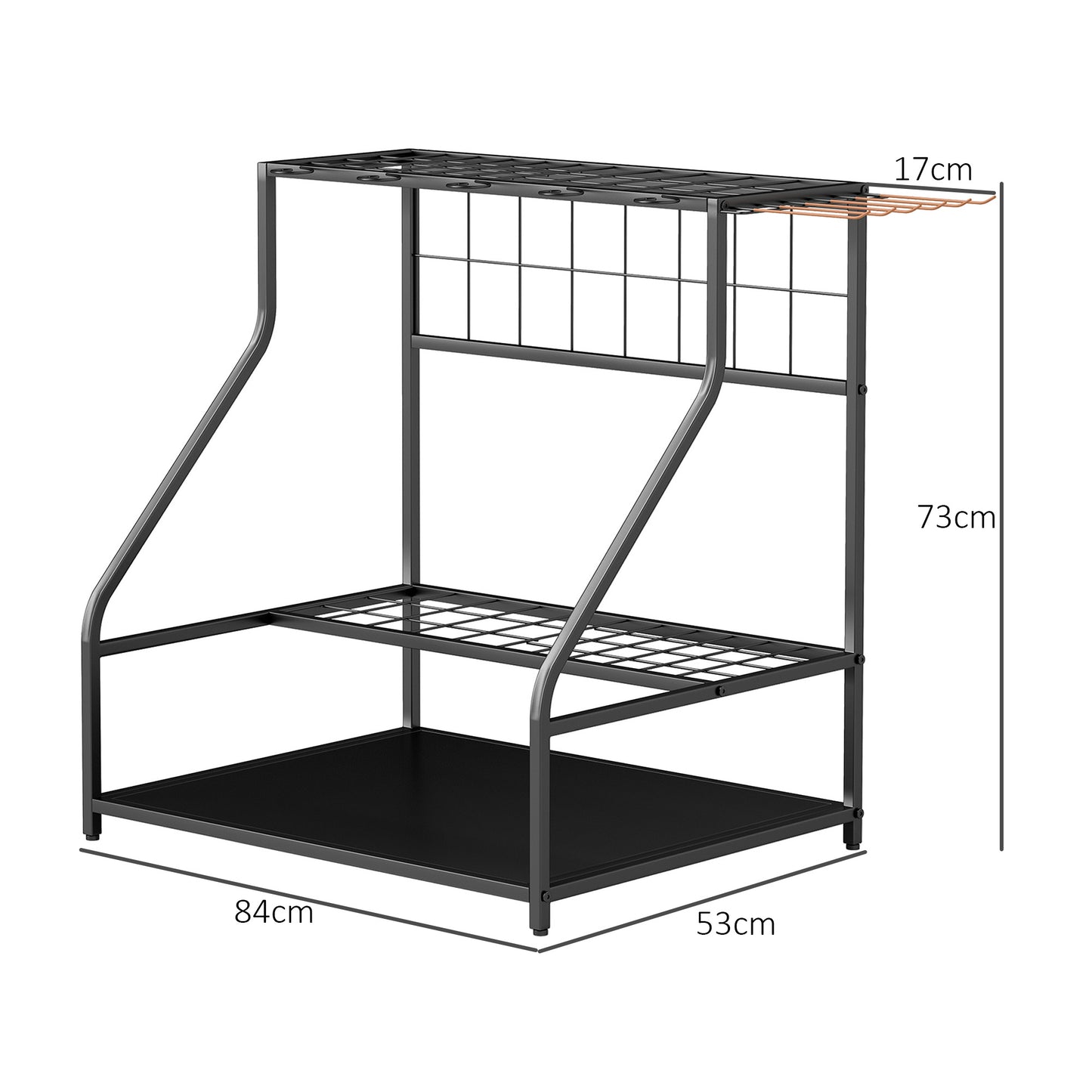 3-Tier Garden Tool Storage Rack | 20+ Tools | 5 G-Hooks & 6 Side Hooks | Adjustable Feet | Corner-Fit | Black