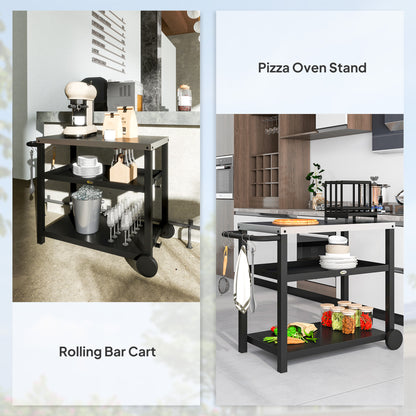 Outdoor Grill Dining Cart 3-Shelf Movable Pizza Oven Table Stand with Stainless Steel Top, Portable BBQ Trolley Food Prep Outdoor Kitchen BBQ Station