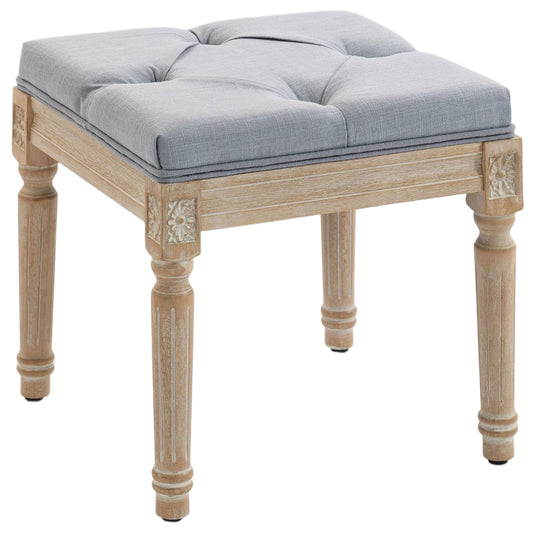 Vintage Retro Style Foot Stool, Tufted Square Footrest with Wood Legs, Light Grey