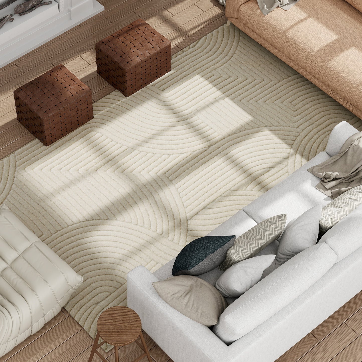 Modern Geometric Jacquard Rug | 15mm Plush Pile | Non-Slip Cotton-Polyester Backing | Reinforced Edges | 160x120cm | Cream