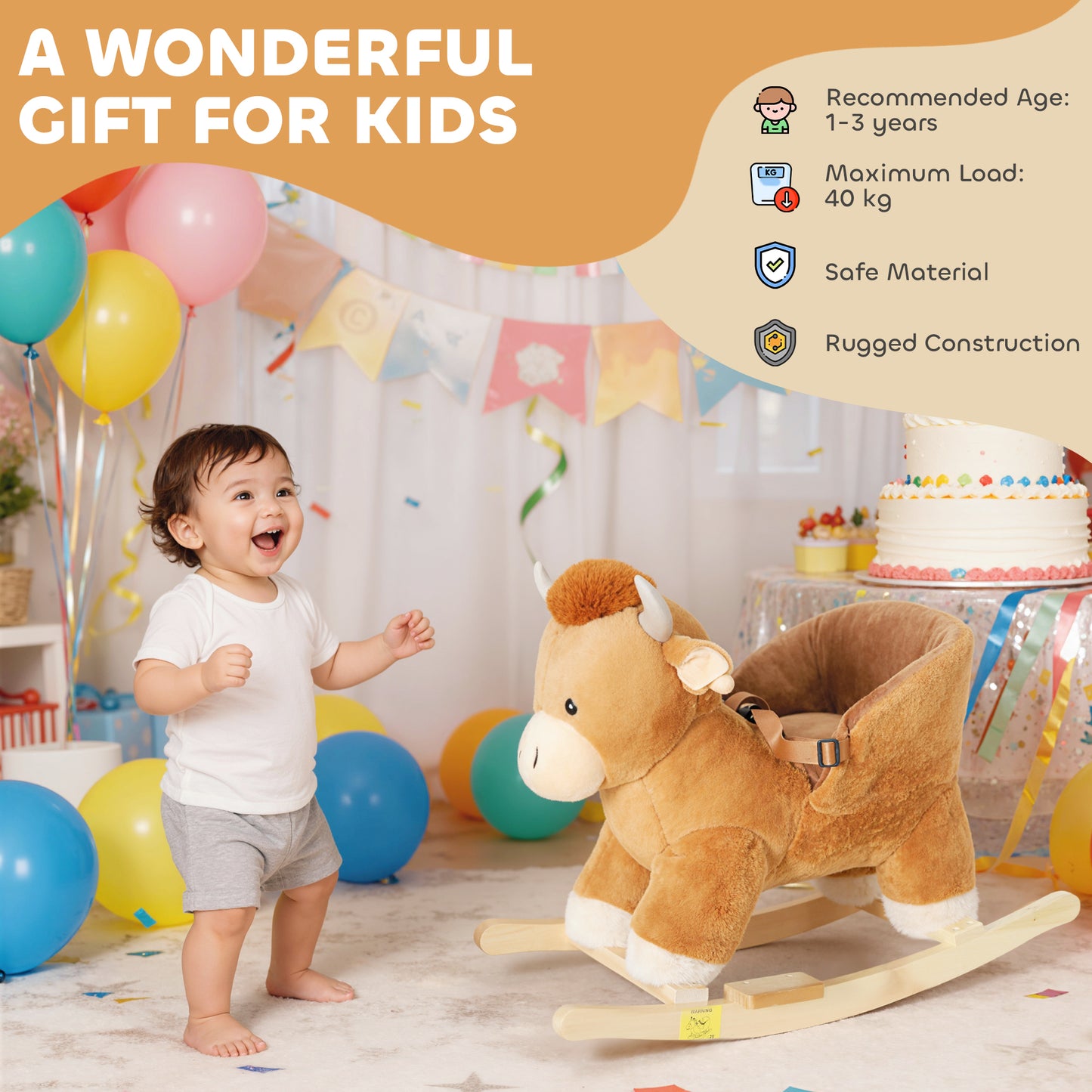 AIYAPLAY Baby Rocking Horse with Safety Belt, Wood Base, Animal Rocker for Children, Brown