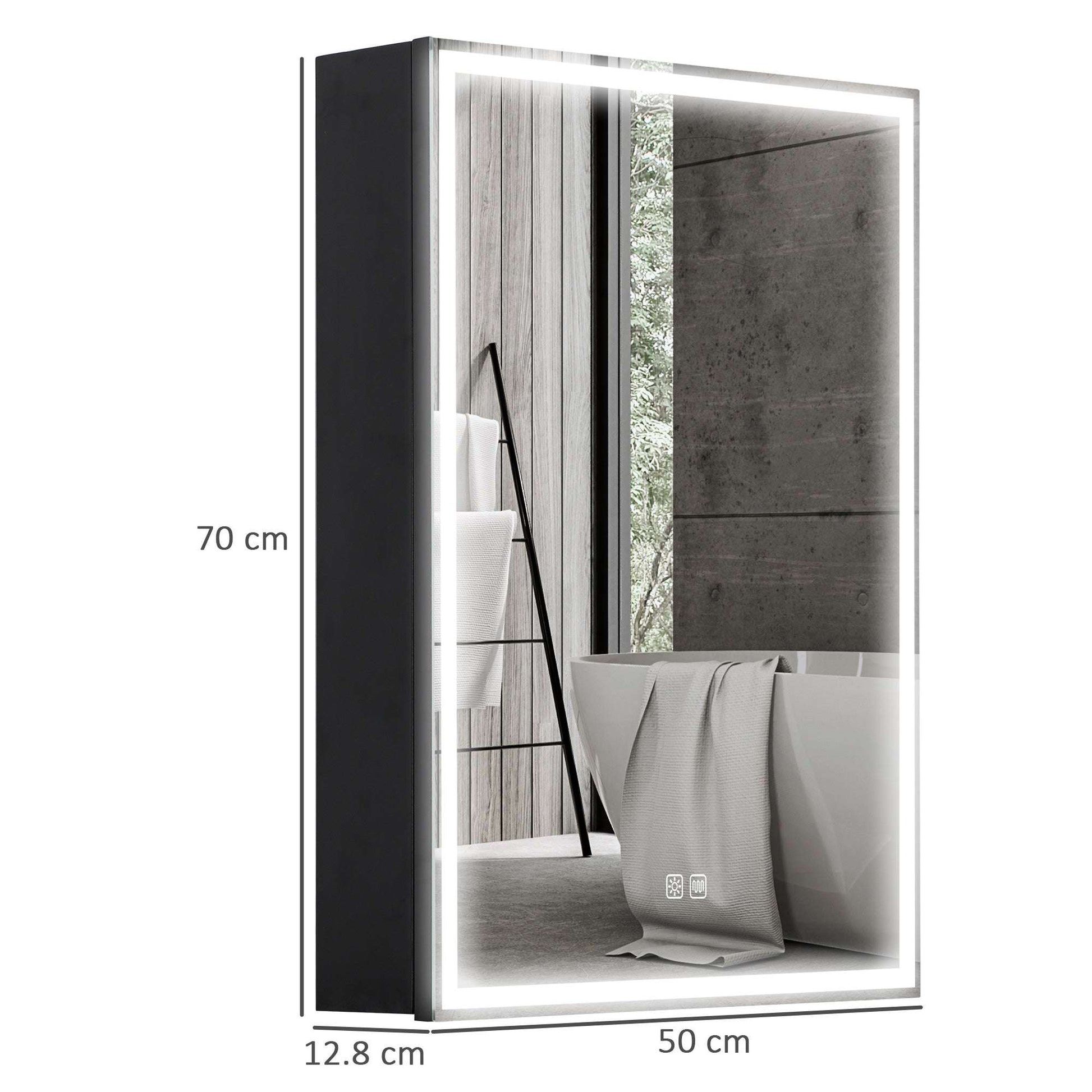 Bathroom Mirror Medicine Cabinet with LED Lights and Shaver Socket, 500 x 700 mm Wall Mounted Bathroom Cabinet with Mirror, Demister Pad, Dimmer, 3 Colours, Black