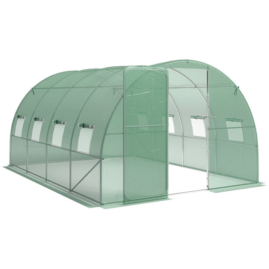 3 x 4 m Walk-in Polytunnel Greenhouse with Hinged Door and 8 Roll Up Mesh Windows, Garden Tunnel Warm House Tent, Green