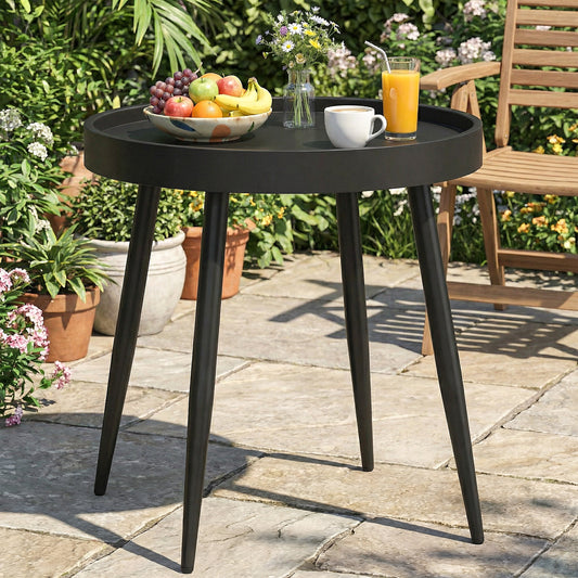 Round Garden Coffee & Side Table | 49.5cm | Tray-Style Weather-Resistant PP Top | Powder-Coated Metal Legs | Adjustable Foot Pads | 30kg Capacity | UV Resistant | Indoor & Outdoor | Black