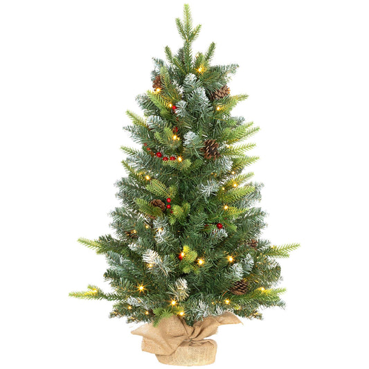 2 Pieces 3ft Prelit Artificial Christmas Tree with LED Light and 291 Tips, Concrete Base, For Tabletop with Pine Cones and Red Berries