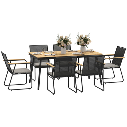 6 Seater Garden Dining Table Set with Soft Cushions, Rattan Backrest, Rectangular Plastic Top, Garden Furniture Set, Outdoor W/ Chairs