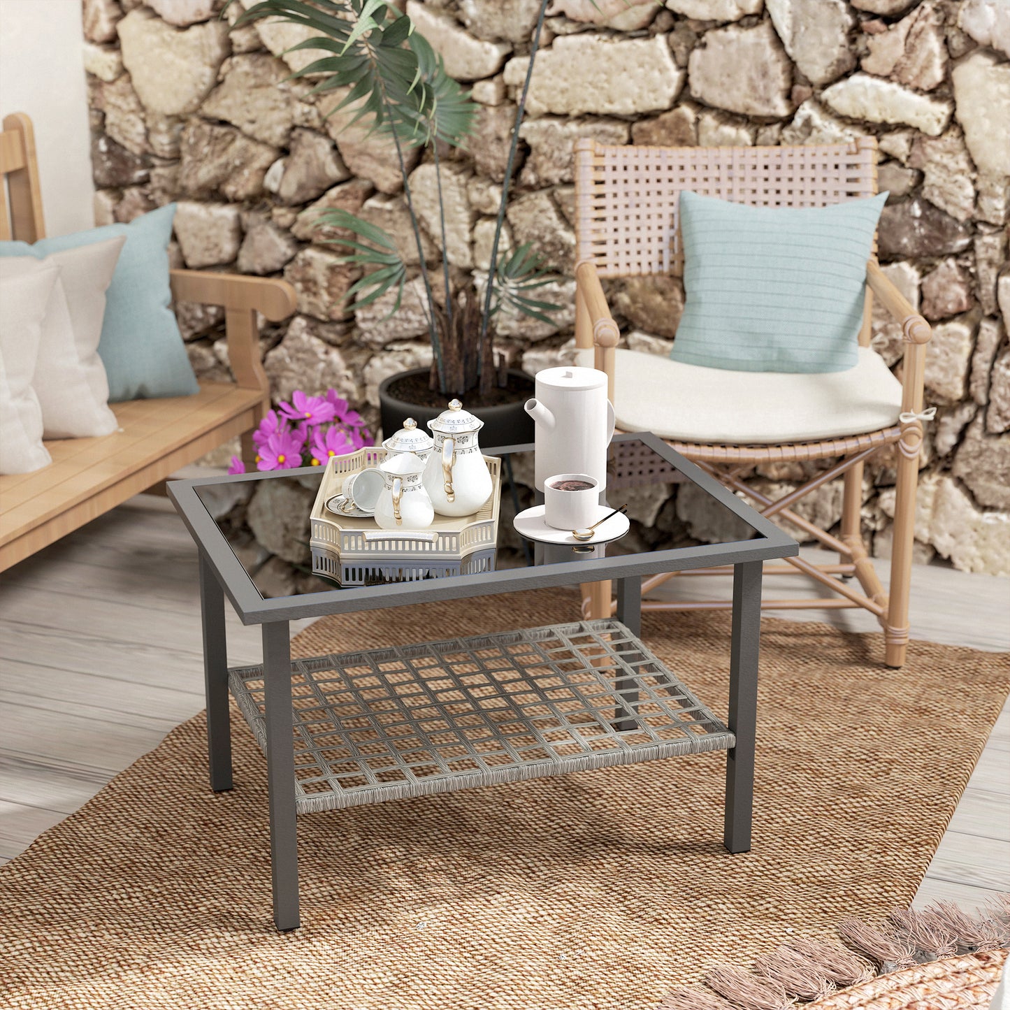 Outsunny Outdoor Rattan Coffee Table with Tempered Glass Top, Storage Shelf, Foot Pads, for Patio, Balcony, Mixed-grey