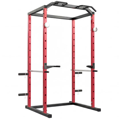 SPORTNOW Power Tower | Adjustable Squat Rack | Red & Black Steel | 160x112x215cm | 460kg Max Load | 11 Height Levels | Pull-Up Bar | Dip Station | Safety Arms | Plate Storage | Home Gym Strength Training