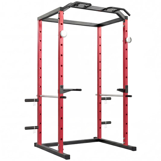 SPORTNOW Power Tower | Adjustable Squat Rack | Red & Black Steel | 160x112x215cm | 460kg Max Load | 11 Height Levels | Pull-Up Bar | Dip Station | Safety Arms | Plate Storage | Home Gym Strength Training