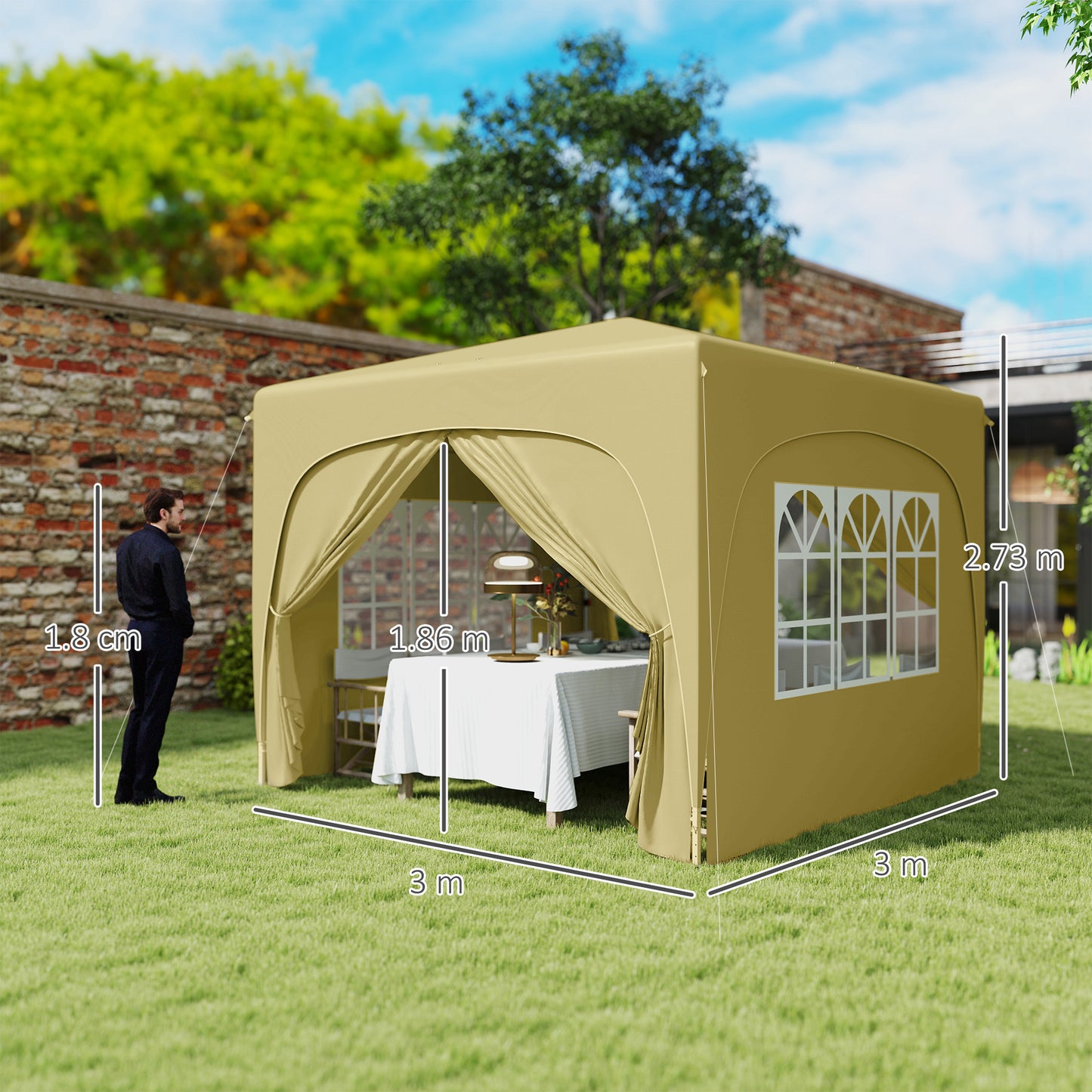 3x3m Pop-Up Gazebo | UPF50+ Oxford Fabric | 3-Height Adjustment 253-273cm | 2 Windows & Dual Doors | 8 Drainage Holes | 4 Guy Ropes & 12 Ground Stakes | Carry Bag | Fits 6-9 People | Sand