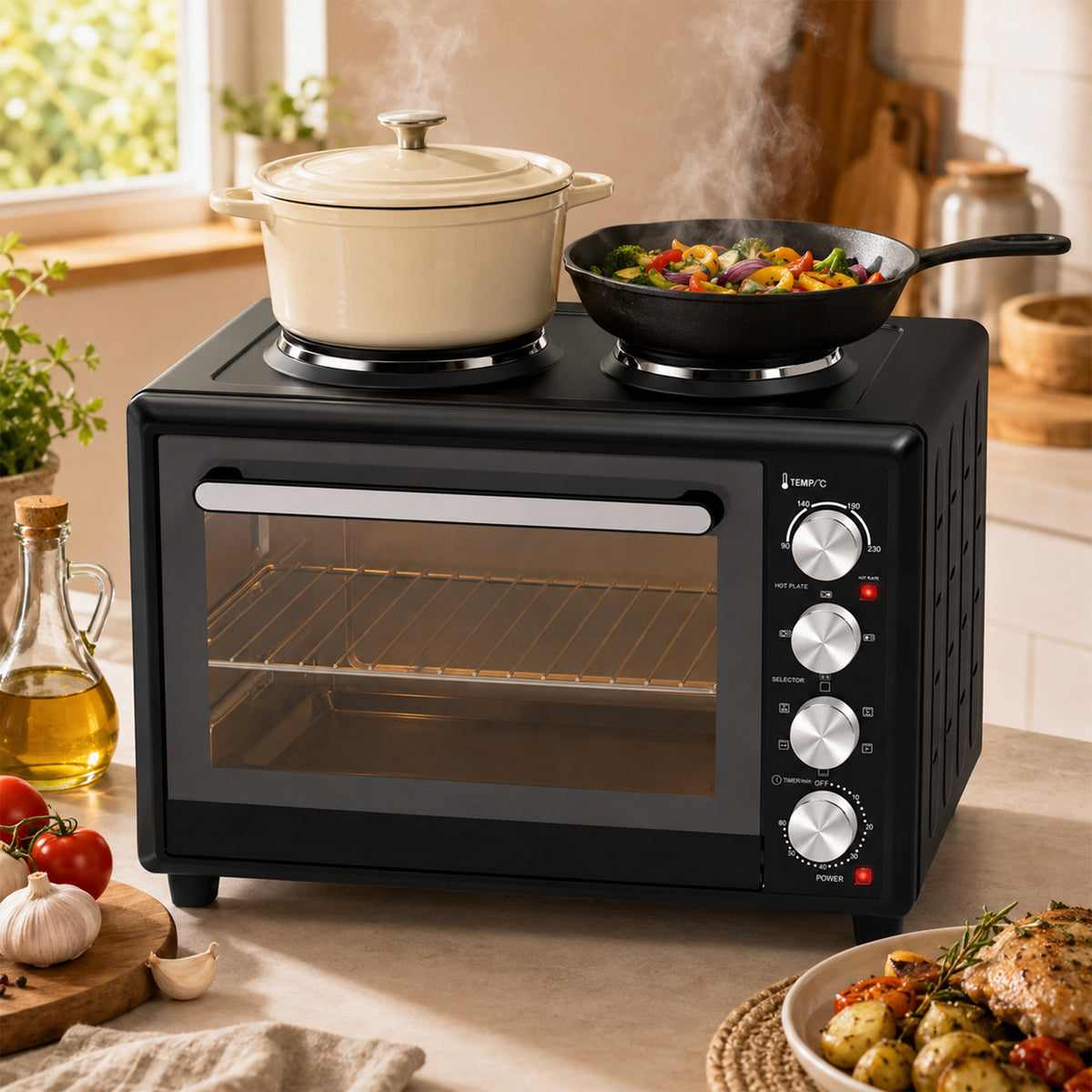 Countertop Mini Oven | Black 36L & 46L Electric Cooker with Dual Hotplates, Convection & Rotisserie