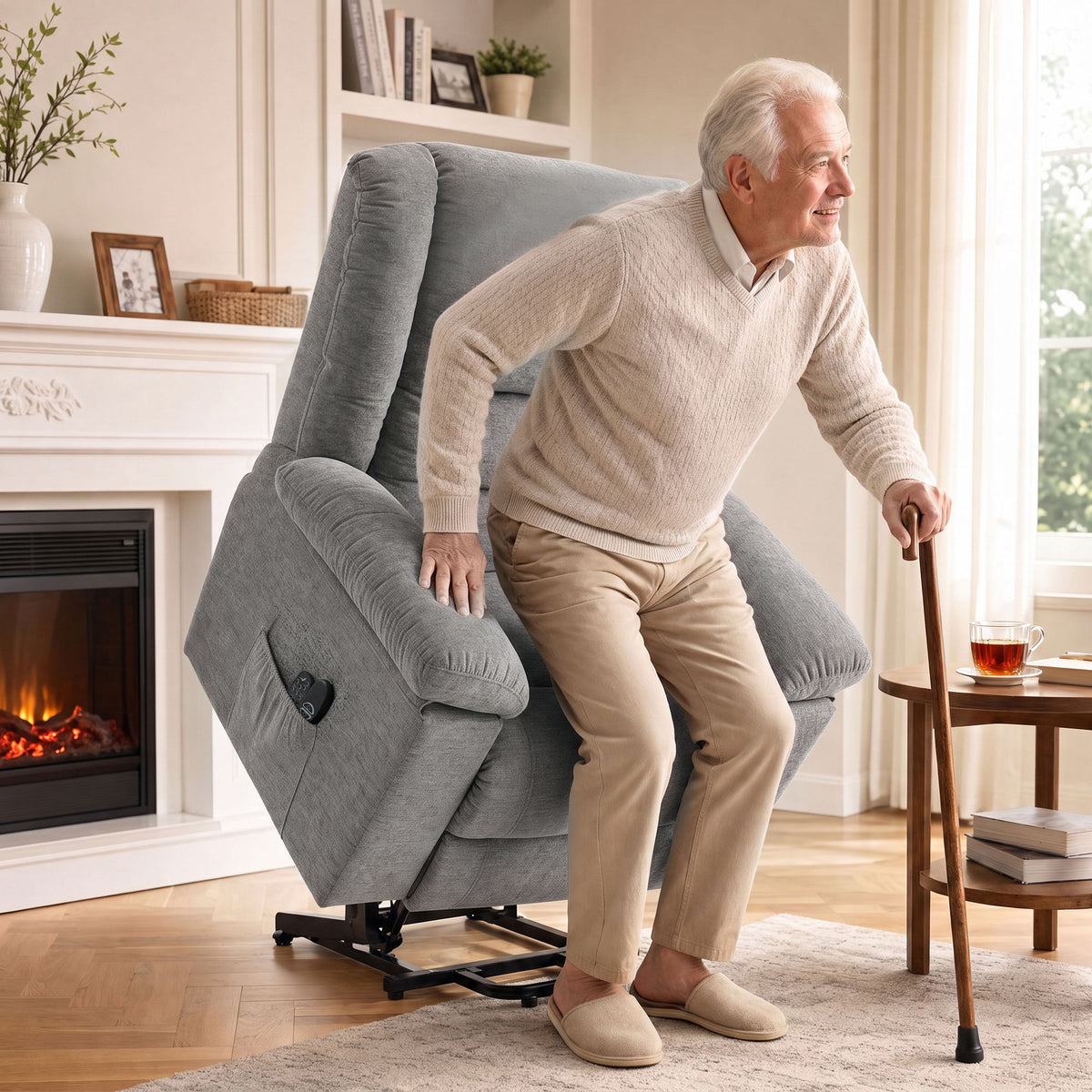 Grey Riser Recliner Chair | Electric Power Lift, 8-Point Massage, Lumbar Heat & USB Charging | Wide Seat, 120kg