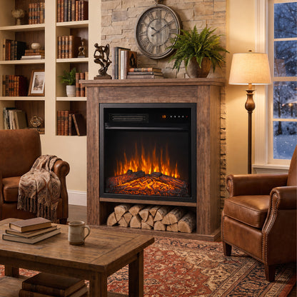 1800W Electric Fireplace Suite | Oak-Tone or Black Surround & Display Shelf | C Energy Rating | 5 Flame Brightness & Speed Settings | Timer & Remote