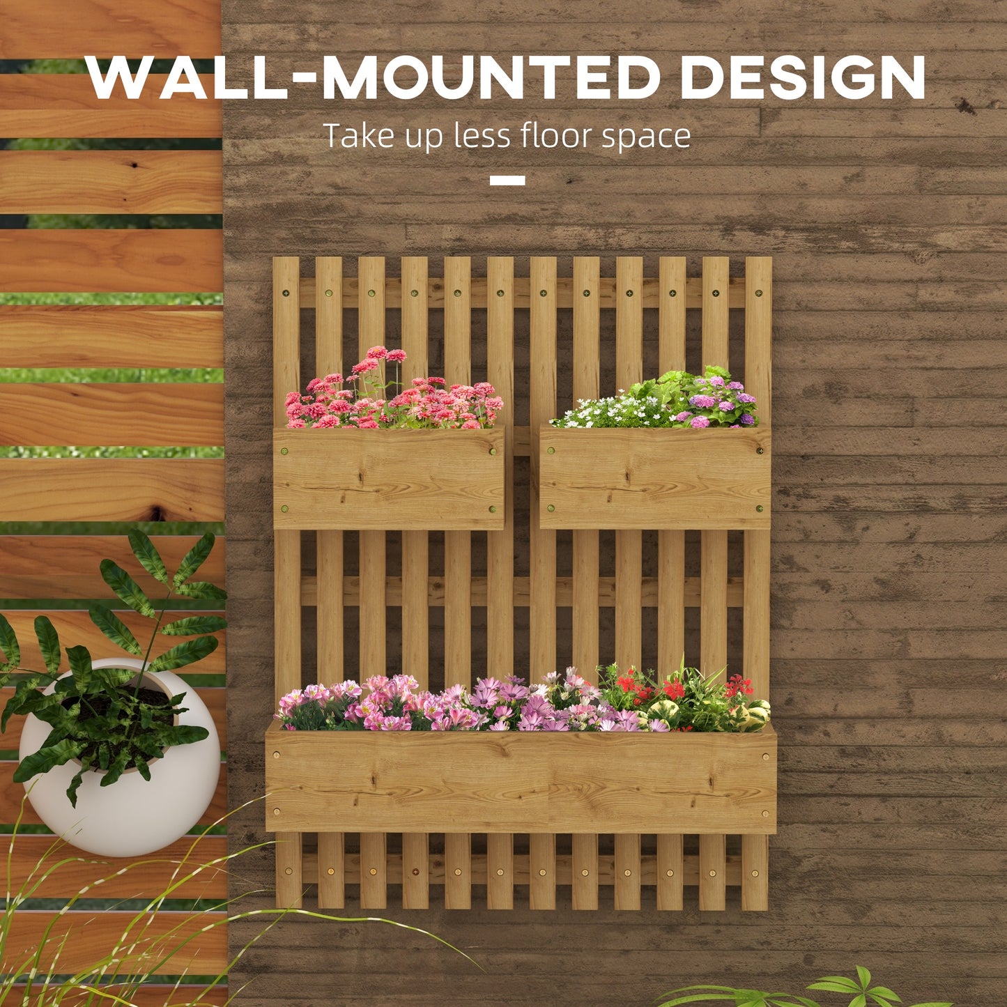 Set of 2 Wall-mounted Wooden Garden Planters W/ Trellis, Drainage Holes And Movable Planter Boxes, Wall Raised Garden Bed for Patio, Carbonised