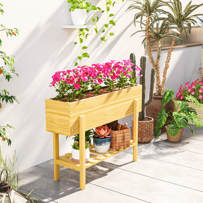 Wooden Raised Garden Bed, Elevated Planter Box with Bed Liner, Drainage Holes and Storage Shelf, Raised Planter for Vegetables, Flowers, Herbs, Natural Wood Finish