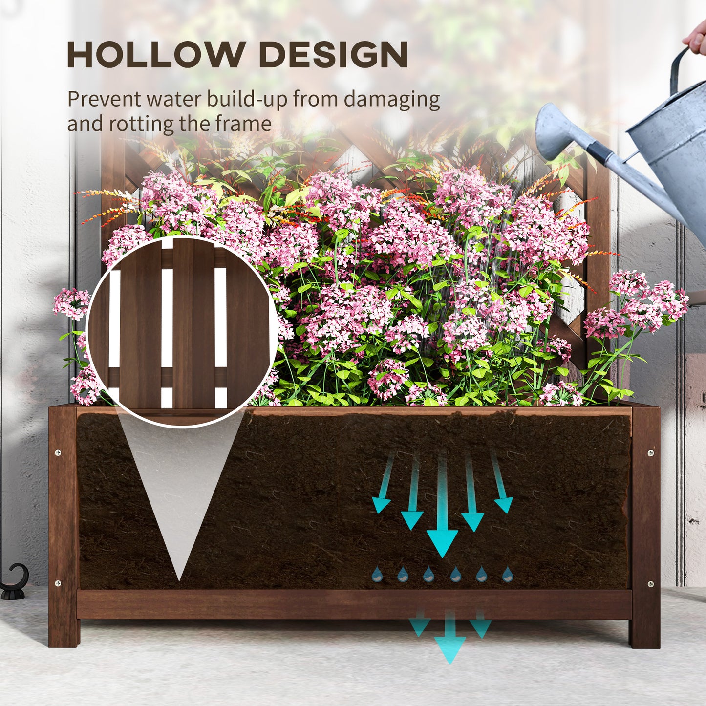 Outsunny 53L Garden Wooden Planter Box with Trellis Free Standing Flower Raised Bed with Lattice for Climbing Plants, 76cm x 36cm x 170cm, Dark Brown