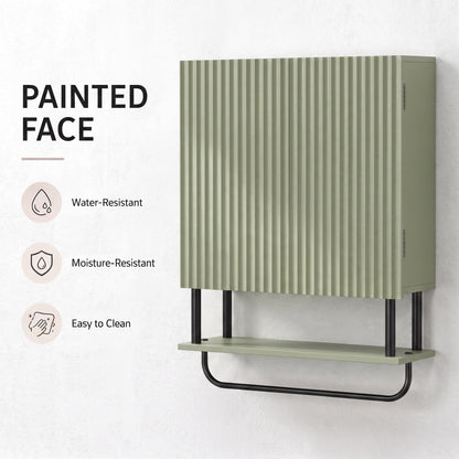 Bathroom Wall Cabinet | Modern Space Saver | Wall Mounted | Double Door Storage | Open Shelf | Towel Rail | Green