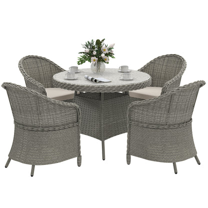 4 Seater Rattan Garden Furniture Set with Cushions, Round PE Rattan Dining Set with Glass-Top Table, Umbrella Hole, Outdoor Garden Table and Chairs