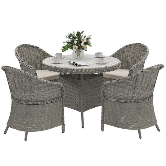 4 Seater Rattan Garden Furniture Set with Cushions, Round PE Rattan Dining Set with Glass-Top Table, Umbrella Hole, Outdoor Garden Table and Chairs